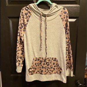 EUC Grey & Animal Print Hooded Sweatshirt - Large